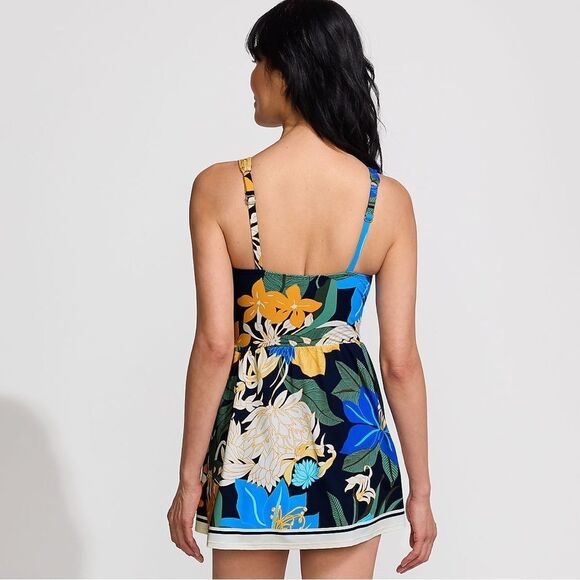 Land's End Slender Suit Wrap Dress soft cup Navy  floral Blooms Border size Var - Picture 3 of 9